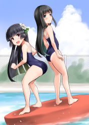  2girls absurdres asashio_(kancolle) back-to-back black_hair blue_eyes blue_one-piece_swimsuit blue_sky blunt_bangs chain-link_fence cloud commentary_request competition_school_swimsuit day female_admiral_(kancolle) fence flower full_body hair_flower hair_ornament highres kantai_collection little_girl_admiral_(kancolle) long_hair looking_at_viewer minase_(takaoka_nanase) multiple_girls one-piece_swimsuit outdoors pool school_swimsuit sky standing swimsuit water 