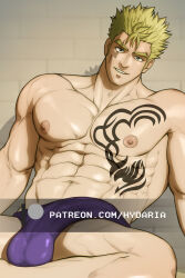  1boy abs bara blonde_hair briefs bulge chest_tattoo cowboy_shot erection erection_under_clothes fairy_tail head_tilt hydaria large_pectorals laxus_dreyar leaning_back looking_at_viewer male_focus male_underwear medium_sideburns muscular muscular_male navel nipples paid_reward_available pectorals purple_male_underwear scar scar_across_eye short_hair sitting smile solo spiked_hair stomach tattoo topless_male underwear watermark 