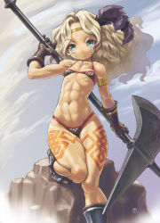 1girl abs aged_down amazon_(dragon&#039;s_crown) armlet armor axe bikini bikini_armor blonde_hair boots breasts circlet dragon&#039;s_crown feathers female_focus flat_chest gloves green_eyes halberd highleg highleg_bikini highleg_swimsuit highres loli long_hair messy_hair muscular panties polearm small_breasts solo swimsuit tattoo thick_thighs thighs thong thong_bikini toned underwear uni_tenten vanillaware wavy_hair weapon wide_hips rating:Questionable score:249 user:danbooru