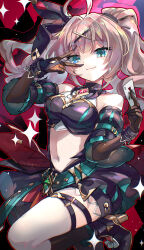  1girl absurdres ahoge bare_shoulders belt black_footwear black_gloves black_ribbon black_shorts black_socks breasts bridal_gauntlets brown_hair card closed_mouth commentary_request cynical_sneer_(elsword) detached_sleeves elsword gloves green_belt green_eyes hair_intakes hair_ornament hair_ribbon highres holding holding_card icedango_(dpopic3) lithia_beryl_(elsword) long_hair looking_at_viewer medium_breasts midriff navel ribbon short_shorts shorts signature smile socks solo stomach twintails v v_over_eye x_hair_ornament 