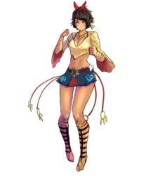  1girl 6maker blue_skirt bow breasts brown_hair cleavage closed_mouth commentary dark-skinned_female dark_skin english_commentary full_body gladiator_sandals headband josie_rizal long_sleeves looking_at_viewer medium_breasts midriff mixed-language_commentary red_bow sandals shirt short_hair simple_background skirt solo spanish_commentary tekken tekken_7 white_background wide_sleeves yellow_eyes yellow_shirt 