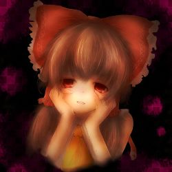  1girl absurdres amano_jack ascot bad_id bad_pixiv_id bow brown_hair checkered_background female_focus hair_bow hair_tubes hakurei_reimu hands_on_own_cheeks hands_on_own_face highres open_mouth parody red_eyes ribbon short_hair smile solo touhou yandere_trance  rating:Questionable score:4 user:Cron