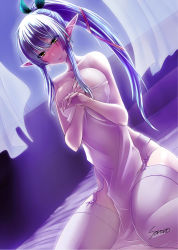 1girl artist_name bare_shoulders bed_sheet blanket blue_hair blush breasts collarbone curtains dutch_angle earrings elf garter_belt garter_straps green_eyes hair_ribbon hand_on_own_chest heterochromia highres jewelry large_breasts light_smile long_hair naked_sheet on_bed original pointy_ears ponytail purple_thighhighs ribbon ring sidelocks signature sitting solo sorono_wa_soro thighhighs wariza wedding_band window yellow_eyes  rating:Questionable score:42 user:danbooru