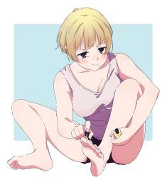  1girl applying_manicure banana3960 bare_shoulders barefoot black_shorts blonde_hair blue_background blush border bottle breasts brown_eyes cleavage closed_mouth collarbone commentary_request feet fukuda_noriko full_body highres holding holding_bottle idolmaster idolmaster_million_live! idolmaster_million_live!_theater_days knees_up large_breasts looking_at_another looking_down nail_polish outside_border purple_shirt shirt short_hair shorts simple_background sitting sleeveless sleeveless_shirt soles solo spread_legs sweatdrop toenail_polish toenails toes white_border 