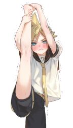  1boy armpit_peek arms_up belt black_shorts blonde_hair blue_eyes blush boxers closed_mouth embarrassed hands_on_own_feet headphones kagamine_len leg_up legs looking_at_viewer male_focus male_underwear naoko_(naonocoto) necktie sailor shirt short_hair short_sleeves shorts shota simple_background solo spread_legs standing standing_on_one_leg stretching trembling underwear upper_body v-shaped_eyebrows vocaloid white_shirt yellow_belt yellow_necktie  rating:Sensitive score:23 user:danbooru