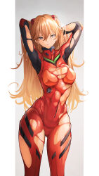  1girl absurdres arms_behind_head arms_up blue_eyes bodysuit breasts brown_hair curvy embarrassed gluteal_fold hair_between_eyes hair_ornament highres interface_headset lips long_hair medium_breasts multicolored_bodysuit multicolored_clothes narrow_waist neon_genesis_evangelion pilot_suit plugsuit red_bodysuit shiny_clothes shiny_skin skin_tight solo souryuu_asuka_langley standing thick_thighs thighs torn_bodysuit torn_clothes two_side_up very_long_hair wide_hips yusha_m  rating:Questionable score:1 user:popotepopote