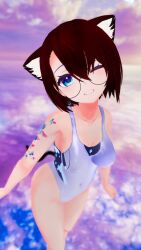  1girl 3d ;) animal_ear_fluff animal_ears arm_tattoo az_vrc blue_eyes blue_one-piece_swimsuit breasts brown_hair butterfly_tattoo cat_ears cat_girl cat_tail cleavage cloud collarbone covered_erect_nipples earrings floral_print glasses grin highres indie_virtual_youtuber jewelry large_breasts looking_at_viewer ocean one-piece_swimsuit one_eye_closed print_swimsuit short_hair sky smile standing swimsuit tail tattoo teeth virtual_youtuber water wink  rating:Sensitive score:3 user:NoNoNoFoxu