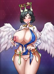 1girl absurdres aftersex angel_(last_origin) angel_wings black_hair blush breasts censored clothing_cutout commentary condom condom_belt condom_in_mouth condom_on_nipples cum cum_on_hair curvy english_commentary female_pubic_hair grin halo heart heart-shaped_pupils highres large_breasts last_origin long_sleeves mouth_hold multiple_condoms navel nipples open_mouth pelvic_curtain phallic_symbol plump poper_(arin_sel) pubic_hair purple_eyes pussy short_hair simple_background smile solo symbol-shaped_pupils tagme teeth used_condom white_wings wings rating:Explicit score:199 user:danbooru