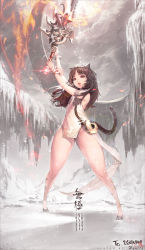  10s 1girl animal_ears armlet arms_up bad_proportions bare_shoulders blade_&amp;_soul bracelet brown_hair cat_ears cat_tail china_dress chinese_clothes cold dress flat_chest gameplay_mechanics hyulla ice jewelry lips long_hair lyn_(blade_&amp;_soul) parted_lips red_eyes short_dress side_slit snow solo sword tail thick_thighs thighs weapon  rating:Sensitive score:89 user:danbooru