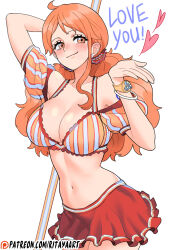  1girl alternate_hairstyle blush breasts cleavage closed_mouth commentary detached_sleeves english_commentary english_text hair_ornament heart highres holding holding_polearm holding_weapon large_breasts log_pose long_hair midriff miniskirt nami_(one_piece) navel one_piece orange_eyes orange_hair patreon_logo polearm red_skirt rita_ya shoulder_tattoo skirt smile tattoo thighs weapon 