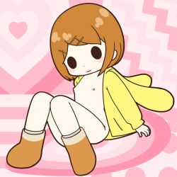  10s 1girl boots bottomless breasts brown_hair female_focus flat_chest flat_color full_body heart heart_background highres lasto nipples no_bra pink_background rin_(wooser) short_hair sitting smile solo wooser_no_sono_higurashi  rating:Questionable score:39 user:ara-ara