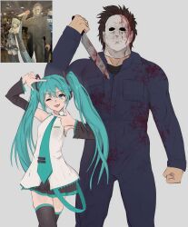  1boy 1girl black_jumpsuit black_skirt black_thighhighs blood blood_on_clothes blood_on_mask bloody_knife blue_bow blue_eyes blue_hair blue_nails blue_necktie bow brown_hair clenched_hand commentary crossover detached_sleeves drill_hair english_commentary hair_ornament halloween_(movie) hatsune_miku highres jumpsuit knife long_hair long_sleeves mask michael_myers miniskirt nail_polish necktie one_eye_closed open_mouth photo-referenced photo_inset pleated_skirt reference_inset simple_background skirt smile thighhighs twintails vocaloid white_background white_mask wide_sleeves yoracrab 