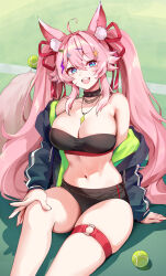 1girl ahoge animal_ear_fluff animal_ears bandeau bare_shoulders baseball belly_chain black_bandeau black_buruma black_choker black_jacket blue_eyes breasts buruma choker cleavage collarbone crop_top fox_ears fox_girl fox_tail foxyreine hair_ribbon hand_on_own_knee highres indie_virtual_youtuber jacket jewelry knee_up kwando large_breasts long_hair long_sleeves looking_at_viewer midriff navel necklace off_shoulder open_clothes open_jacket open_mouth pink_hair ribbon shirt sitting skindentation smile solo stomach strapless tail thigh_strap thighs tube_top twintails very_long_hair 
