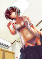 1girl bad_id bad_pixiv_id bra breasts cleavage clothes_pull grey_hair hebina_masayoshi large_breasts lingerie navel one-piece_tan open_clothes open_shirt original panties red_eyes see-through shirt short_hair side-tie_panties signature skirt skirt_pull solo striped_bra striped_clothes striped_panties sweat tan tanline underwear undressing wet wet_clothes rating:Questionable score:12 user:danbooru