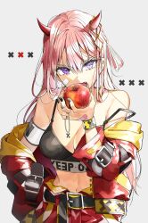  1girl apple bad_id bad_pixiv_id bad_source bandages biting black_bra bra breasts cleavage cross demon_horns fang food fruit h_shai highres holding holding_food holding_fruit horns jacket long_hair medium_breasts open_mouth original pink_hair purple_eyes solo source_request stomach teeth underwear v-shaped_eyebrows white_background 