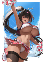 1girl ;d absurdres ahoge arm_up armpits badge bandaid_on_stomach bare_shoulders bay_(nikke) black_hair black_hairband black_thighhighs blue_sky breasts buff_bard button_badge cheerleader cloud commentary contrail cowboy_shot crop_top crop_top_overhang cropped_shirt dark-skinned_female dark_skin day floating_hair goddess_of_victory:_nikke hair_between_eyes hair_intakes hairband highleg highleg_panties highres holding holding_pom_poms large_breasts long_hair mole mole_on_stomach mole_under_eye mole_under_mouth multicolored_hair navel one_eye_closed open_mouth panties pleated_skirt pom_pom_(cheerleading) pom_poms ponytail red_hair red_shirt red_skirt shirt shoes side-tie_panties sidelocks signature single_thighhigh skindentation skirt sky sleeveless sleeveless_shirt smile sneakers solo standing standing_on_one_leg star_(symbol) star_in_eye star_sticker sticker_on_face stomach streaked_hair sweat symbol_in_eye teeth thigh_strap thighhighs torn_clothes torn_thighhighs two-tone_hair two-tone_skirt underboob underwear upper_teeth_only very_long_hair white_footwear white_panties 