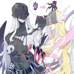  2girls angel angel_and_devil angewomon animal_hands armor bare_shoulders black_bodysuit blacktailmon blonde_hair bodysuit breastplate breasts chain claws cleavage colored_skin covered_eyes demon_girl digimon digimon_(creature) fingernails gloves helmet helmet_over_eyes highres ladydevimon large_breasts long_fingernails long_hair mask multiple_girls o-ring paw_gloves pink_ribbon ribbon simple_background single_bare_shoulder skull_print speech_bubble stitched third-party_edit torn_bodysuit torn_clothes white_background white_bodysuit white_hair white_skin winged_helmet zocehuy 