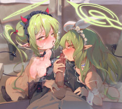  1boy 2girls ass black_pants black_tail black_wrist_cuffs blue_archive breast_press breasts censored cum cum_in_mouth cum_on_body cum_on_breasts cum_on_tongue cum_on_upper_body cum_string detached_sleeves erection facial fake_horns fellatio ffm_threesome green_hair green_halo group_sex hair_between_eyes halo handjob hetero highres hikari_(blue_archive) horns long_hair long_sleeves looking_at_viewer mosaic_censoring multiple_girls nipples nozomi_(blue_archive) nude open_mouth oral pants penis pointy_ears pov sidelocks small_breasts threesome tongue tongue_out twintails villainchin white_wrist_cuffs wrist_cuffs 