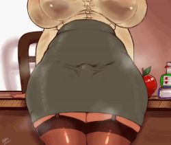  1girl animated apple arm_support beige_shirt black_garter_straps breasts brown_thighhighs bulge curvy desk developing_erection erection erection_under_clothes facing_viewer food foreskin fruit futanari futanari head_out_of_frame high-waist_skirt juliet_sleeves large_breasts large_penis legs_together long_sleeves miniskirt no_bra no_panties office_lady original pencil_skirt penis penis_peek puffy_sleeves randomboobguy red_apple see-through see-through_shirt shirt skirt solo teacher thighhighs video wet wet_clothes wet_shirt wide_hips zettai_ryouiki  rating:Explicit score:492 user:sippindippin