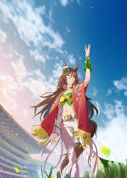  1girl ahoge animal_ears arm_at_side arm_up breasts brown_hair choker cloud confetti crop_top feet_out_of_frame grass green_eyes hair_between_eyes hat horse_ears horse_girl horse_racing_track horse_tail jacket long_hair midriff mini_hat mini_top_hat misu_kasumi mr._c.b._(umamusume) navel outdoors pants parted_lips shawl single_sleeve single_wrist_cuff small_breasts smile solo standing tail top_hat umamusume white_jacket white_pants wrist_cuffs 