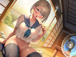 1girl arm_support black_thighhighs blonde_hair blue_eyes blue_neckerchief blunt_bangs blurry blurry_background blush bottomless cream cream_on_body depth_of_field dutch_angle electric_fan food hair_ornament hairclip head_tilt highres holding holding_food holding_popsicle looking_at_viewer navel neckerchief open_mouth original popsicle re:shimashima school_uniform see-through see-through_sleeves serafuku short_hair short_sleeves sitting skirt unworn_skirt sliding_doors solo sunlight sweat tan tatami teeth thighhighs tongue tongue_out upper_teeth_only used_tissue wariza wind_chime x_hair_ornament rating:Questionable score:76 user:danbooru