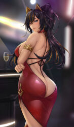  1girl absurdres armlet artist_name ass ass_cutout backless_dress backless_outfit black_hair blue_eyes breasts butt_crack clothing_cutout cup dark-skinned_female dark_skin dehya_(genshin_impact) dress drinking_glass earrings eyelashes female_focus fig_sign from_behind genshin_impact hand_gesture highres jewelry large_breasts lips long_hair looking_at_viewer looking_back multicolored_hair parted_lips penetration_gesture ponytail red_dress revealing_clothes riarfian sideboob solo standing wine_glass 