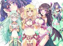  4girls absurdres animal_ears armlet black_hair blonde_hair blue_eyes blue_gemstone blue_hair blunt_bangs blush breasts brooch circlet clear_(princess_connect!) cleavage closed_mouth dancer dot_mouth fingerless_gloves gem gloves green_eyes green_gemstone green_hair groin hair_between_eyes hair_ornament harem_outfit highres jewelry large_breasts lily_(princess_connect!) medium_breasts messy_hair midriff misora_(princess_connect!) multiple_girls navel open_mouth pelvic_curtain pig_ears pig_girl precia_(princess_connect!) princess_connect! purple_eyes purple_gemstone see-through see-through_sleeves small_breasts smile wing_hair_ornament yamada_(hvcij) yellow_eyes 