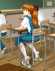  1girl blue_eyes blurry blurry_background chair classroom desk dirty dirty_feet dirty_socks feet hair_ornament hairclip highres looking_at_viewer looking_back neon_genesis_evangelion no_shoes notice_lines orange_hair pii_(taromura) red_hair school shoeplay shoes unworn_shoes sitting socks soles solo_focus souryuu_asuka_langley toes  rating:Questionable score:91 user:soleio