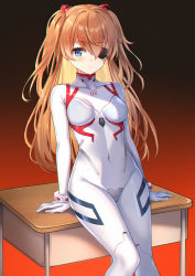 1girl blue_eyes blush bodysuit breasts closed_mouth collarbone covered_navel desk eric_(tianqijiang) evangelion:_3.0+1.0_thrice_upon_a_time eyepatch feet_out_of_frame gloves gradient_background hair_ornament highres long_hair looking_at_viewer medium_breasts neon_genesis_evangelion on_table one_eye_covered orange_hair plugsuit rebuild_of_evangelion red_background school_desk sitting skin_tight solo souryuu_asuka_langley table two_side_up very_long_hair white_bodysuit white_gloves rating:Sensitive score:27 user:danbooru