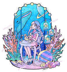  1girl absurdres blue_whale braid chair commentary_request conch coral cup earrings flower full_body hat highres jewelry kohaku_ame long_hair original planet planetary_ring saucer scenery seashell shell shoes sitting sleeveless smile solo spoon star_(symbol) starfish surreal table tea teacup teapot turtleneck twin_braids twitter_username vase 