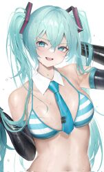  1girl aqua_eyes aqua_hair bikini breasts detached_collar elbow_gloves gloves hair_between_eyes hatsune_miku highres long_hair looking_at_viewer medium_breasts necktie nine_(kanine41) open_mouth simple_background solo striped_bikini striped_clothes swimsuit twintails vocaloid white_background  rating:Sensitive score:19 user:danbooru