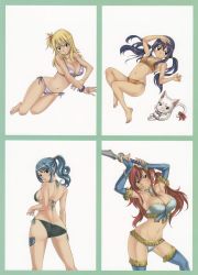 4girls barefoot bikini blonde_hair blue_hair breasts brown_eyes cat charle_(fairy_tail) erza_scarlet fairy_tail feet highres juvia_lockser large_breasts long_hair lucy_heartfilia mashima_hiro multiple_girls official_art purple_hair red_hair smile swimsuit tattoo twintails wendy_marvell rating:Sensitive score:160 user:jojosstand