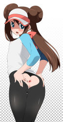  1girl agemono anus black_leggings blue_eyes blush breasts brown_hair cameltoe clothing_cutout creatures_(company) double_bun female_focus game_freak hair_between_eyes hair_bun heart_cutout leggings long_hair looking_back lower_teeth_only nintendo open_mouth pokemon pokemon_bw2 presenting rosa_(pokemon) simple_background skindentation small_breasts solo spread_anus sweat tagme teeth twintails visor_cap  rating:Explicit score:119 user:f156das