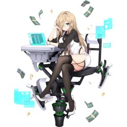  1girl artist_request banknote black_choker black_collar black_shirt black_sleeve_cuffs black_thighhighs blonde_hair buttons choker coin collar collared_shirt collared_vest cross-laced_straps dollar_bill dress_shirt falling_money final_gear frown full_body glasses gold_coin graph green_eyes hair_over_one_eye head_on_hand high_heels highres long_hair long_sleeves money neplim_(final_gear) official_art on_chair petticoat rimless_eyewear round_eyewear screen shirt shorts simple_background sitting sleeve_cuffs sleeves_past_elbows slip_showing solo strap tachi-e thighhighs third-party_source transparent_background very_long_hair vest white_collar white_footwear white_shorts white_vest wristband 