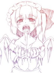  1girl blush cum cum_in_mouth cumdrip cupping_hands embodiment_of_scarlet_devil flandre_scarlet hat highres marusuke open_mouth own_hands_together side_ponytail sketch solo touhou wings 
