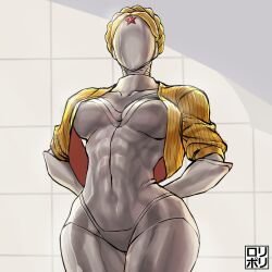 abs arms_behind_back atomic_heart black_leotard blonde_hair colored_skin faceless facial_mark forehead_mark grey_skin highres humanoid_robot jacket jamrolypoly leotard muscular muscular_female open_clothes open_jacket right_(atomic_heart) robot toned rating:Questionable score:79 user:danbooru