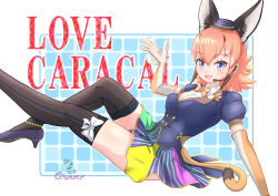  1girl absurdres animal_ears blue_eyes bow bowtie caracal_(kemono_friends) cat_ears cat_girl cat_tail elbow_gloves extra_ears gloves hat highres jacket kemono_friends kemono_friends_v_project long_hair looking_at_viewer microphone nokemono-san_(bocchi_friend) orange_hair ribbon shirt shoes simple_background skirt solo tail thighhighs virtual_youtuber 