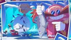  1boy animal bare_tree bird blue_sky breath commentary_request cooler dr._eggman earmuffs facial_hair fish frog froggy_(sonic) glasses gloves holding holding_animal holding_fish ice ice_fishing looking_at_viewer male_focus mountain mustache official_art pecky_(sonic) penguin photo_(object) pointing scarf shochuumimai sky smile sonic_(series) teeth tree uno_yuuji white_gloves 