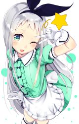  1boy :3 apron black_hairband blend_s blush dress frills gloves green_dress green_eyes hairband highres kanzaki_hideri long_hair looking_at_viewer male_focus one_eye_closed open_mouth puffy_short_sleeves puffy_sleeves short_sleeves silver_hair smile solo star_(symbol) stile_uniform thighhighs trap v_over_eye very_long_hair w waist_apron wankoo-mikami white_gloves white_thighhighs 