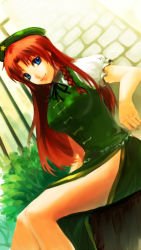  1girl bad_id bad_pixiv_id beret blue_eyes braid breasts china_dress chinese_clothes dress ely_(eeelyeee) female_focus hat highres hong_meiling long_hair nature outdoors red_hair ribbon side_slit sitting smile solo touhou twin_braids  rating:Sensitive score:8 user:danbooru