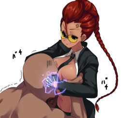  1girl anger_vein angry bad_id bad_pixiv_id bald between_breasts blush braid grabbing_another&#039;s_breast breasts capcom crimson_viper dark_skin earrings formal grabbing hetero jewelry large_breasts long_hair mature_female necktie necktie_between_breasts open_clothes open_shirt pompadour red_hair shirt single_braid solo_focus street_fighter street_fighter_iv_(series) suit sunglasses sweatdrop tamasaa tan trembling 
