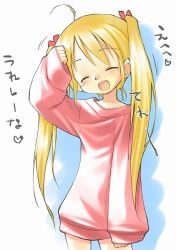  ^_^ blonde_hair bottomless character_request child closed_eyes copyright_request closed_eyes hand_on_head open_mouth oversized_clothes solo sweater tatata translation_request twintails  rating:Sensitive score:22 user:danbooru