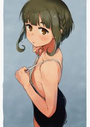  1girl banned_artist black_one-piece_swimsuit blunt_bangs blush braid brown_eyes clothes_pull crown_braid female_focus flat_chest from_side green_hair kantai_collection loli makio_(makiomeigenbot) one-piece_swimsuit one-piece_swimsuit_pull parted_lips school_swimsuit short_hair signature simple_background solo swimsuit takanami_(kancolle) two-tone_background upper_body  rating:Questionable score:95 user:danbooru