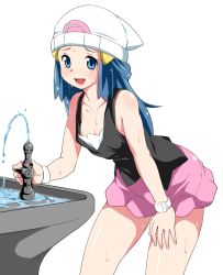 00s 1girl bare_shoulders beanie blue_eyes blue_hair blush bracelet breasts creatures_(company) dawn_(pokemon) downblouse drinking_fountain endou_masatoshi female_focus game_freak hat jewelry leaning_forward long_hair looking_at_viewer matching_hair/eyes nintendo nipple_slip nipples open_mouth pink_skirt pokemon pokemon_dppt sexually_suggestive simple_background skirt small_breasts smile solo sweat watch water rating:Questionable score:65 user:creck