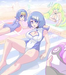  3girls ? ass beach bikini blonde_hair blue_eyes blue_hair blush breasts bright_pupils charizard cleavage cleavage_cutout clothing_cutout collarbone creatures_(company) dragonair english_text game_freak gen_1_pokemon hair_over_one_eye highres kemonokiller lana&#039;s_mother_(pokemon) lana_(pokemon) large_breasts long_hair looking_at_viewer low_ponytail lusamine_(pokemon) master_ball mature_female mother_and_daughter multiple_girls navel nintendo one-piece_swimsuit open_mouth poke_ball pokemon pokemon_(anime) pokemon_(creature) pokemon_sm_(anime) short_hair smile swimsuit very_long_hair white_pupils 