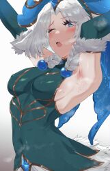  1girl absurdres armpits arms_up blue_eyes blush braid breasts covered_navel detached_sleeves fur-trimmed_sleeves fur_trim highres league_of_legends lillia_(league_of_legends) long_hair lost-phews medium_breasts open_mouth sideboob simple_background solo sweat tearing_up twin_braids white_background white_hair  rating:Sensitive score:7 user:danbooru