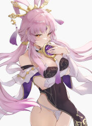  1girl arm_under_breasts bare_shoulders breasts closed_mouth constellation covered_navel detached_collar detached_sleeves floating_hair forehead_jewel fu_xuan_(honkai:_star_rail) hair_ornament hair_rings highres honkai:_star_rail honkai_(series) jojobirdz long_hair looking_at_viewer low_twintails medium_breasts orange_eyes panties pelvic_curtain pink_hair simple_background solo tassel twintails underwear v-shaped_eyebrows very_long_hair white_background white_panties 