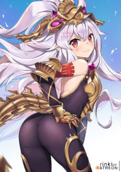 &gt;:) 1girl ass backless_outfit bare_shoulders black_bodysuit blush bodysuit closed_mouth commentary_request gauntlets granblue_fantasy hair_between_eyes hand_on_own_hip head_tilt headpiece lo_xueming long_hair looking_at_viewer looking_back medusa_(shingeki_no_bahamut) patreon_username red_eyes shingeki_no_bahamut silver_hair smile solo tail v-shaped_eyebrows very_long_hair rating:Sensitive score:32 user:danbooru