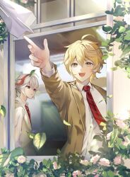  2boys aether_(genshin_impact) ahoge alternate_costume antenna_hair arm_up blonde_hair blurry blurry_background brown_jacket collared_shirt earrings flower genshin_impact grey_hair hair_between_eyes highres jacket jewelry kaedehara_kazuha lapels leaf long_sleeves looking_at_another looking_up low_ponytail male_focus multicolored_hair multiple_boys namimenou necktie open_clothes open_jacket open_mouth open_window paper_airplane pink_flower pink_rose ponytail red_eyes red_hair red_necktie rose school_uniform shirt short_hair short_ponytail single_earring smile standing sunlight teeth tongue two-tone_hair vest white_shirt window yellow_eyes yellow_vest 