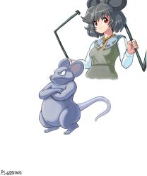 1girl absurdres animal_ears commentary crossed_arms dated dowsing_rod english_commentary grey_hair highres long_sleeves looking_at_viewer mouse_(animal) mouse_ears mouse_girl nazrin nazrin_(mouse) profitshame red_eyes short_hair signature simple_background touhou white_background